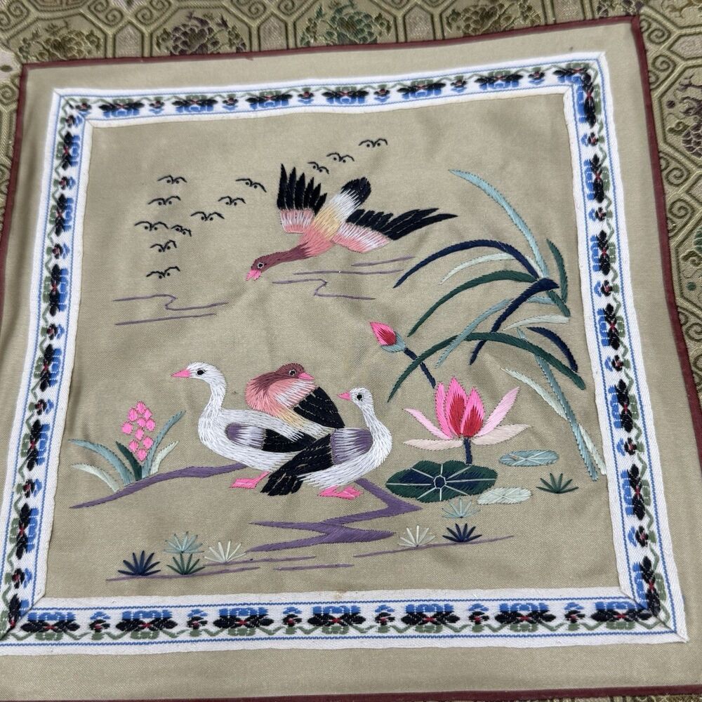 Vtg Chinese Silk Art Embroidered Square Green Frameable Panel Ducks on Lily Pond